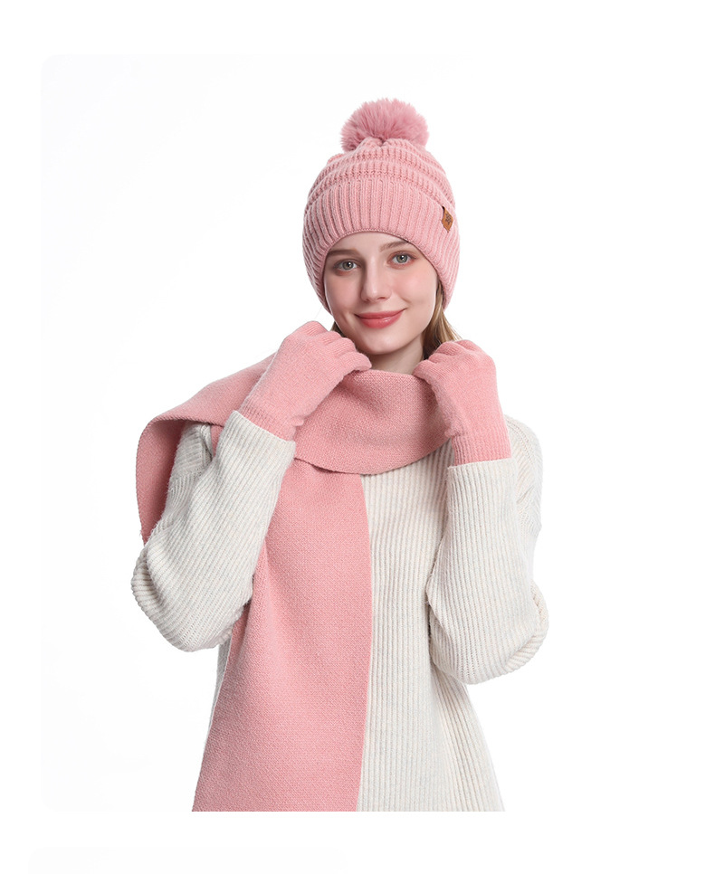 Women Knitted Outdoor Warm Woolen Hat Scarf Gloves 3 Pieces